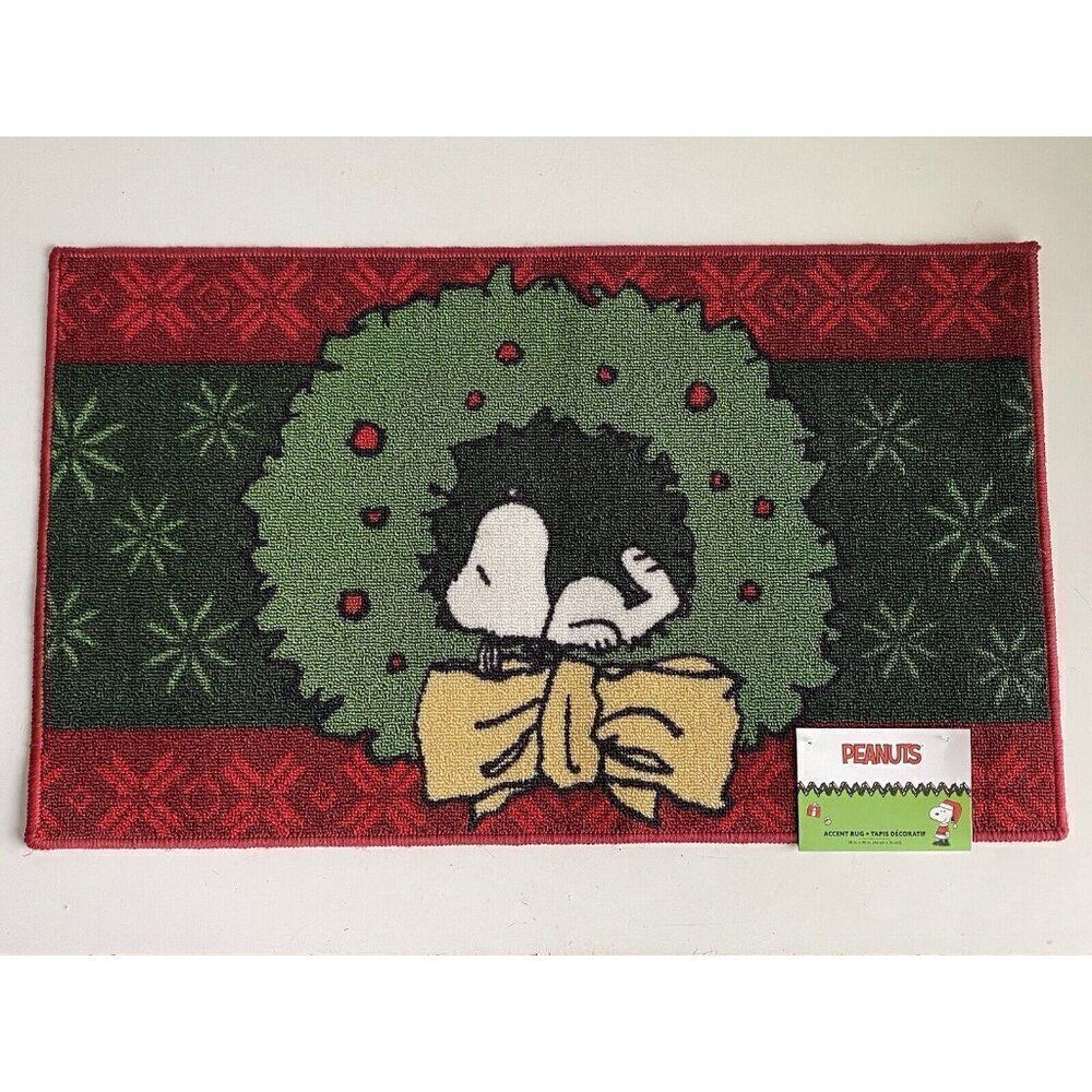 Peanuts Snoopy Christmas Wreath 18 x 30" Accent Rug Mat Holiday NEW